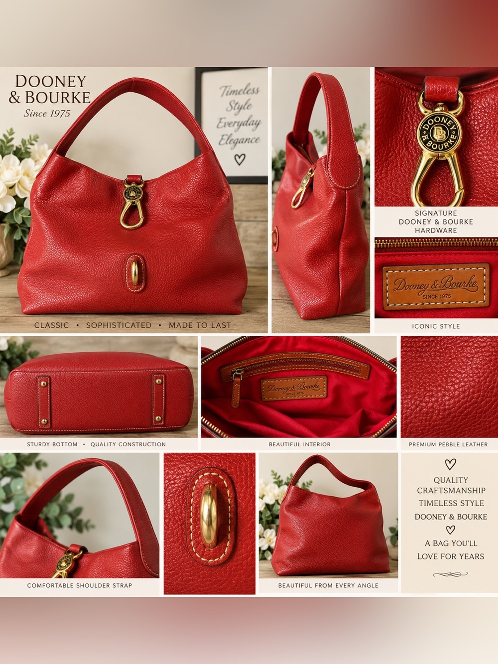 Dooney & Bourke Red Pebble Leather Hobo Shoulder Bag Gold Tone Hardware